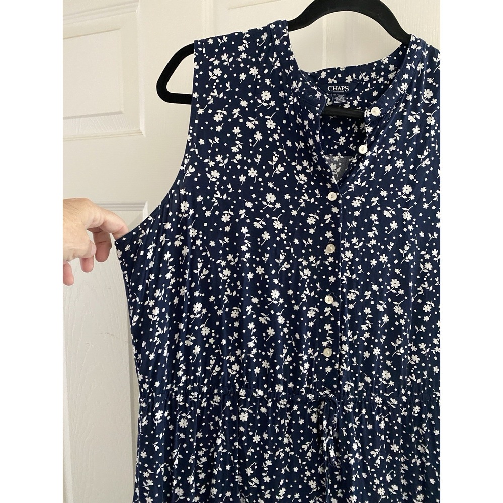 Women's Chaps Navy Blue Floral Tiered Sleeveless Dress XL Tie Elastic Waist - Picture 7 of 11